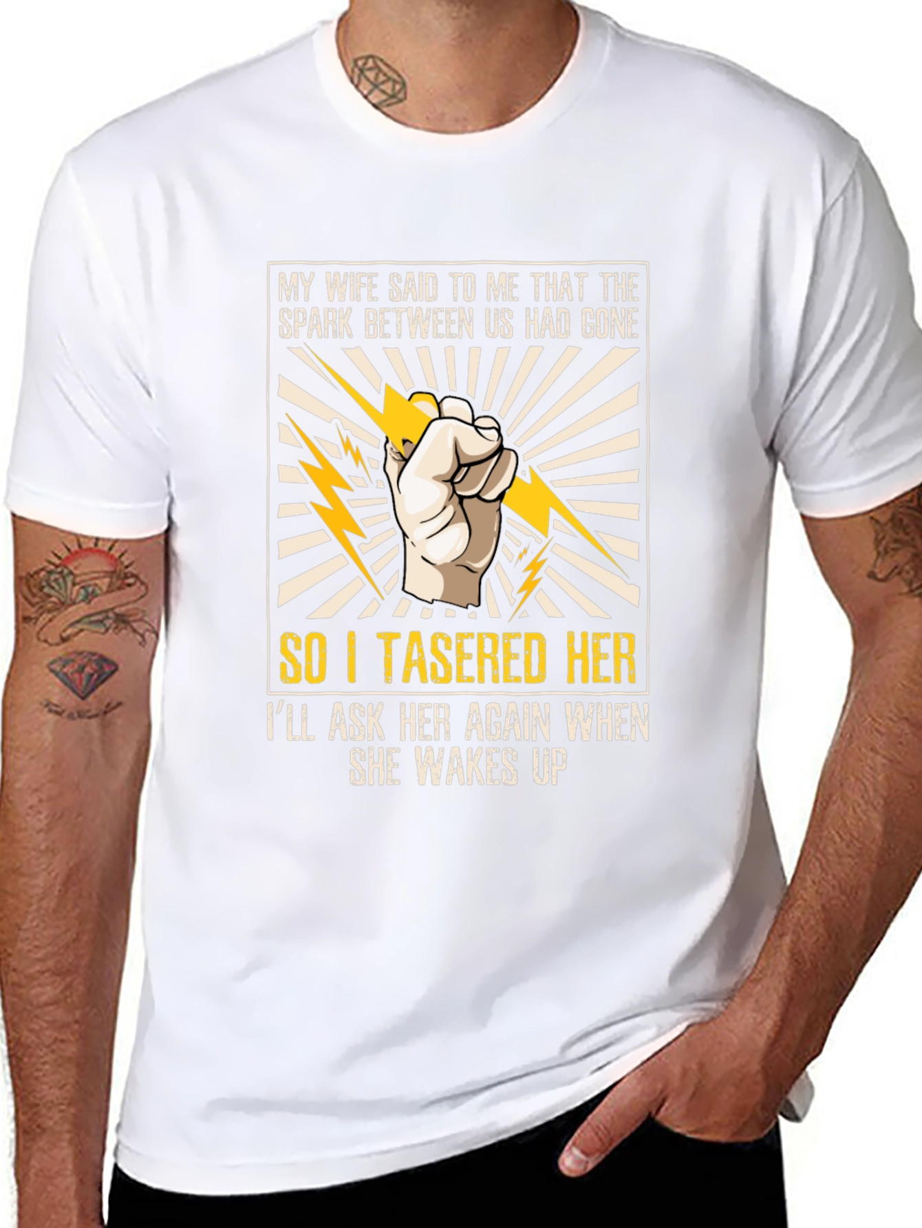 Funny Tasered Her Graphic Tee for Men