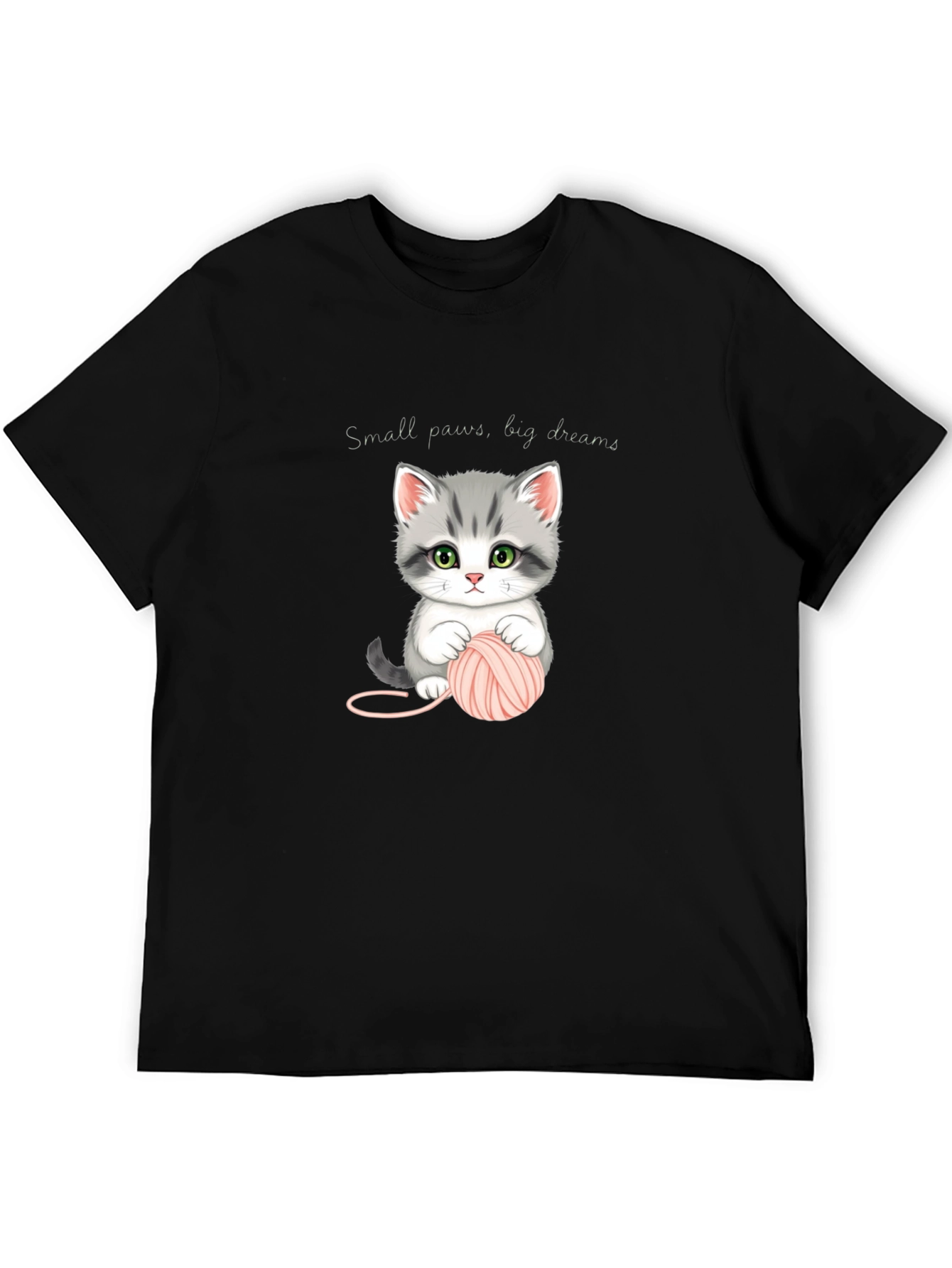 Cute Kitten with Yarn Black T-Shirt