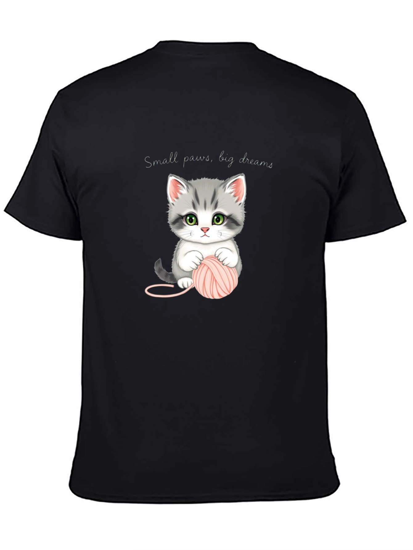 Cute Kitten with Yarn Black T-Shirt