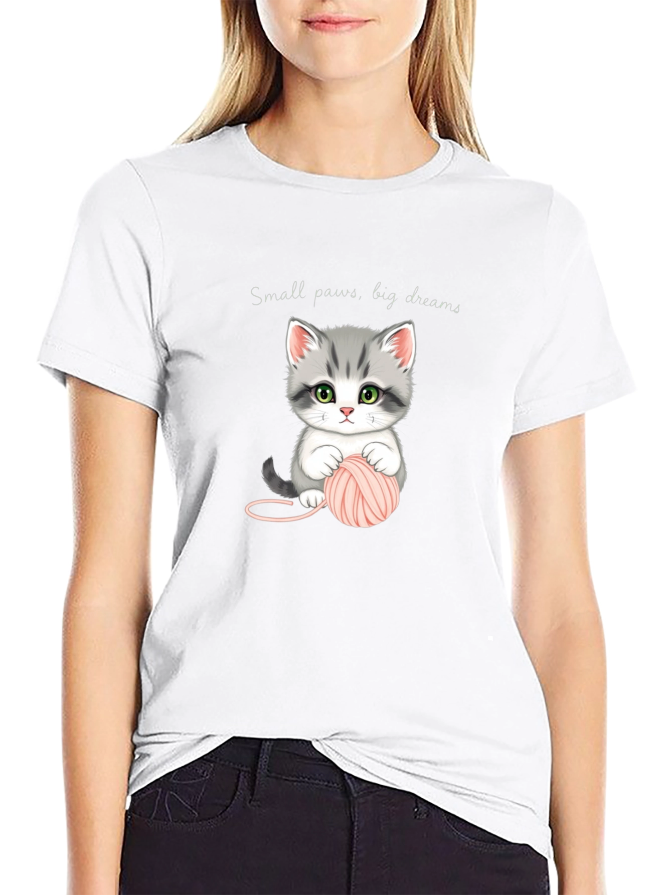 Cute Kitten with Yarn Black T-Shirt