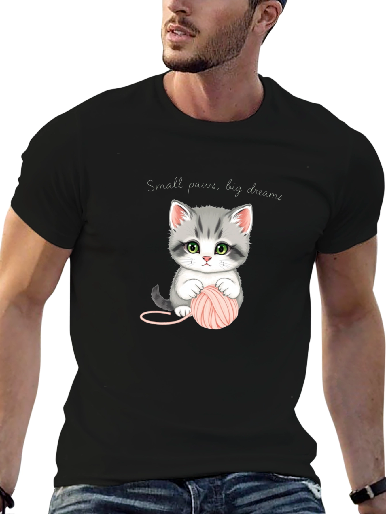 Cute Kitten with Yarn Black T-Shirt