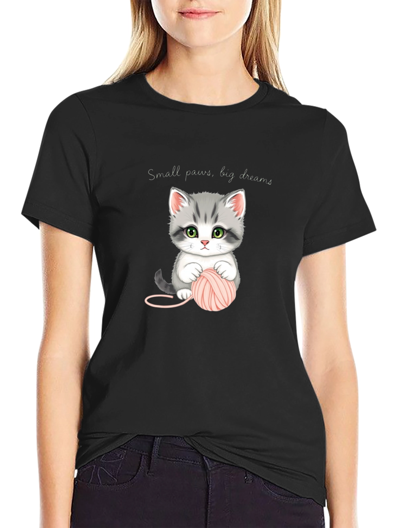Cute Kitten with Yarn Black T-Shirt