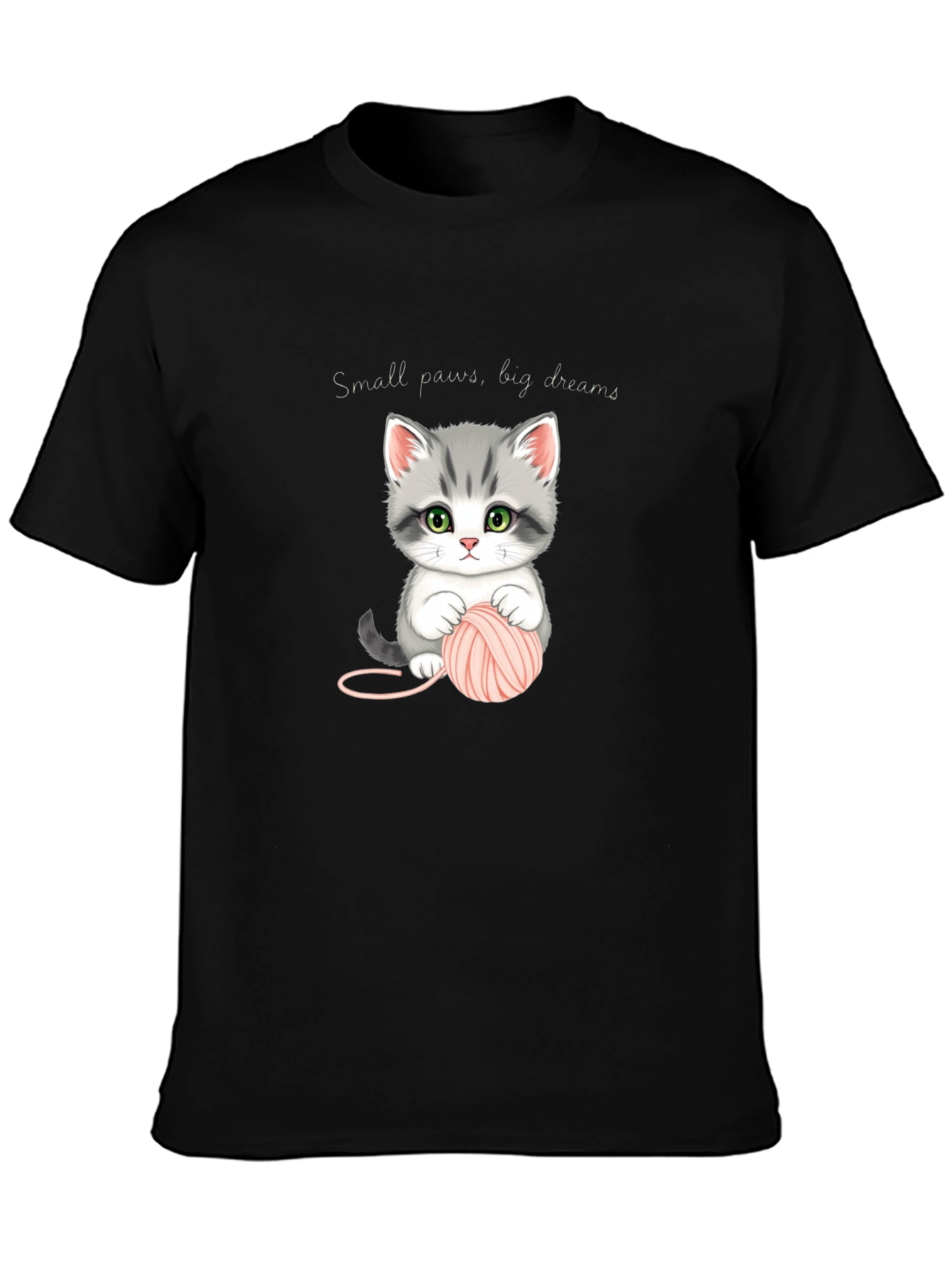Cute Kitten with Yarn Black T-Shirt