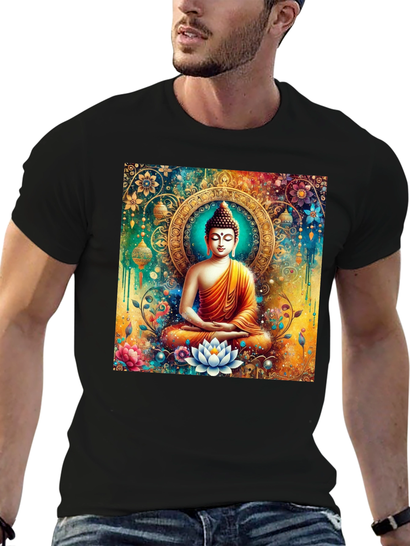 Buddha Art Graphic Print Black T-Shirt