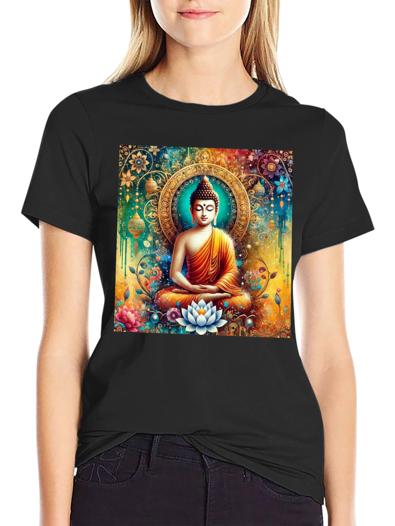 Buddha Art Graphic Print Black T-Shirt