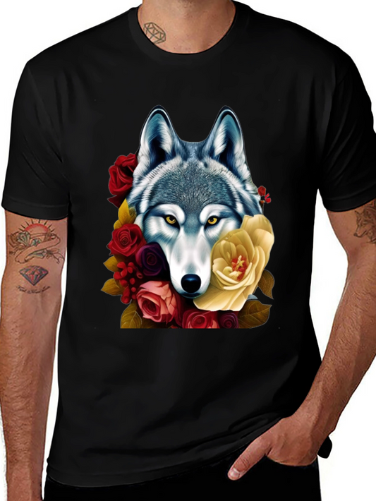 Wolf & Floral Graphic Tee - Mens Black T-Shirt