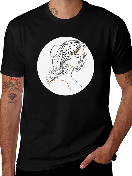 Elegant Line Art Woman Black T-Shirt