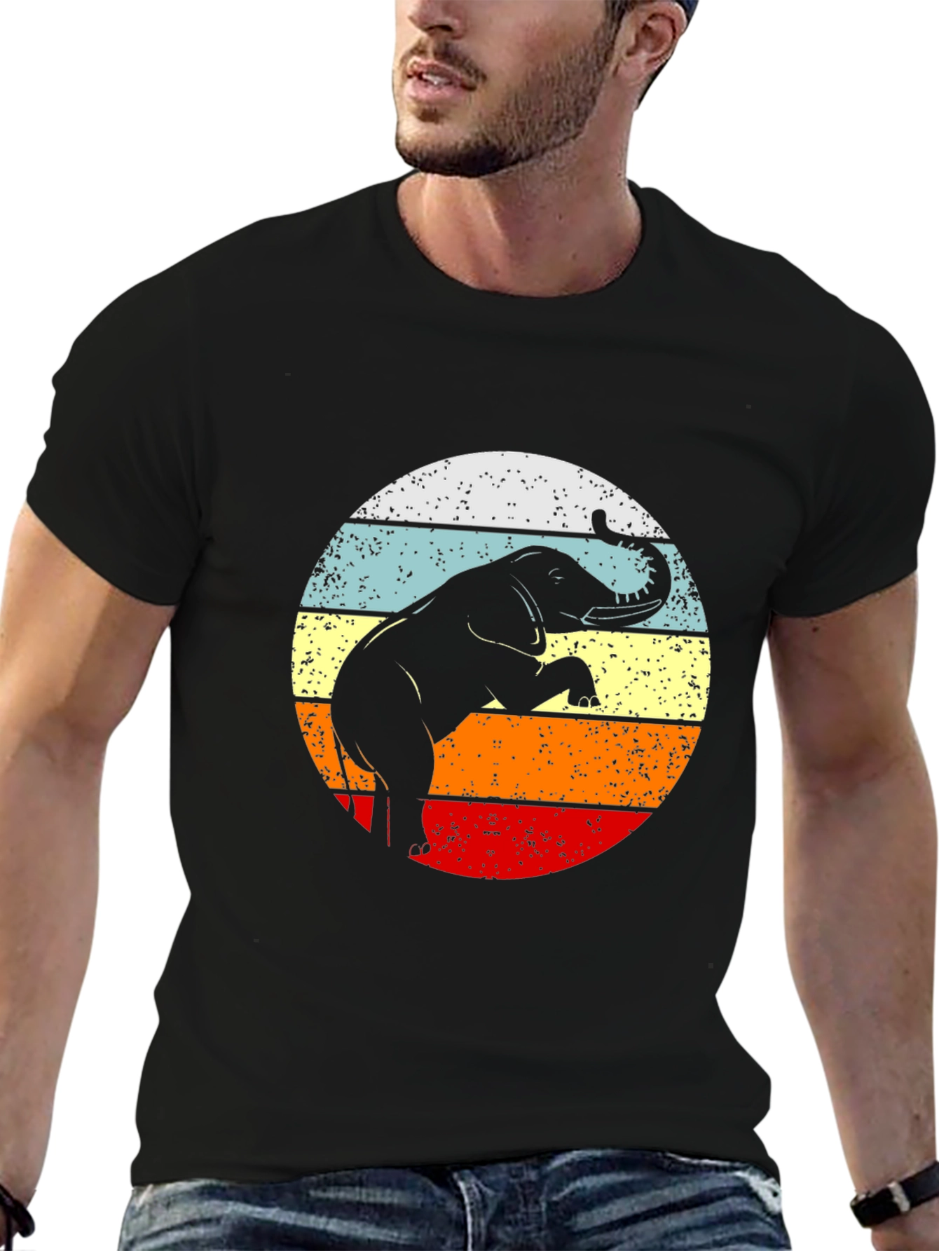 Retro Elephant Sunset Graphic Tee - Black