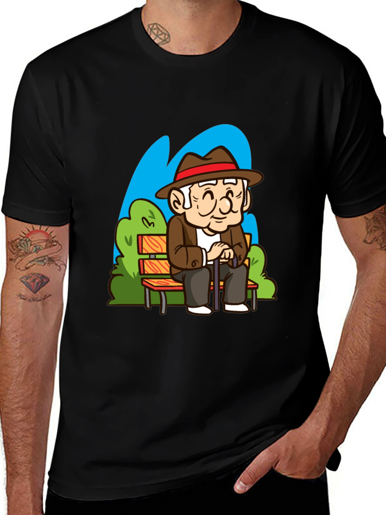 Cartoon Old Man on Park Bench T-Shirt