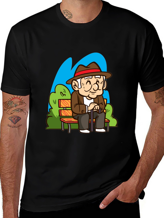 Cartoon Old Man on Park Bench T-Shirt