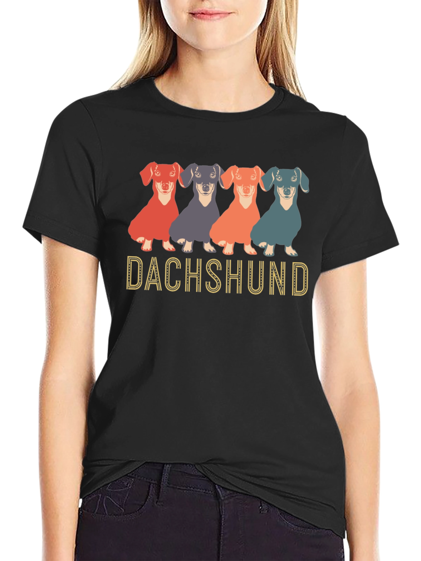 Dachshund Dog Graphic Print Crew Neck T-Shirt