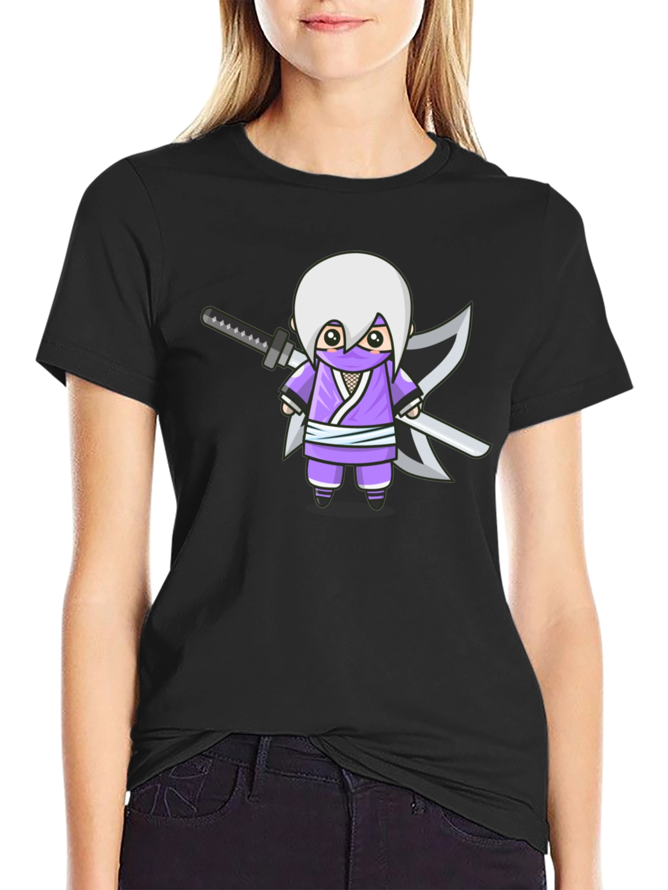 Ninja Cartoon Graphic T-Shirt - Black Cotton Tee