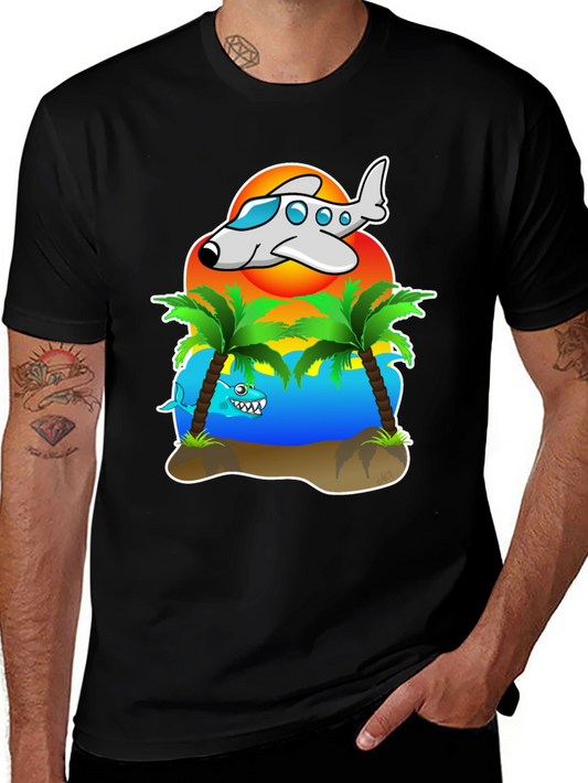 Tropical Getaway T-Shirt - Airplane & Shark Design