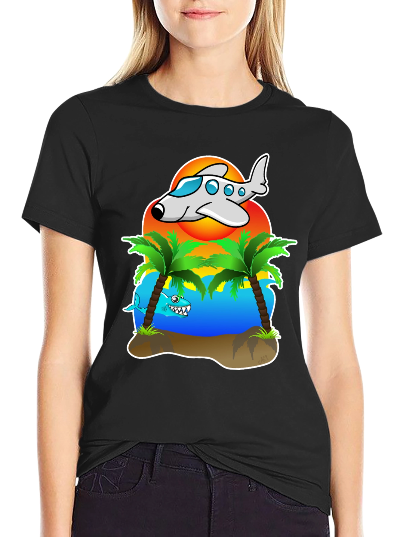 Tropical Getaway T-Shirt - Airplane & Shark Design