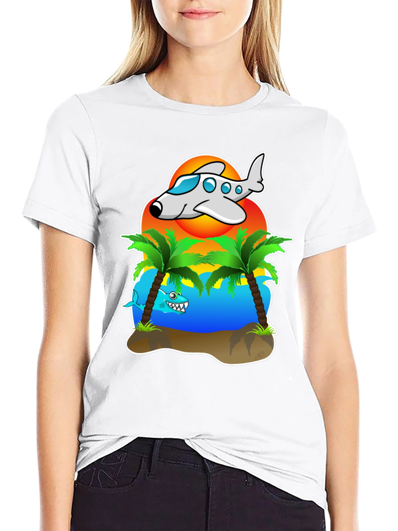 Tropical Getaway T-Shirt - Airplane & Shark Design