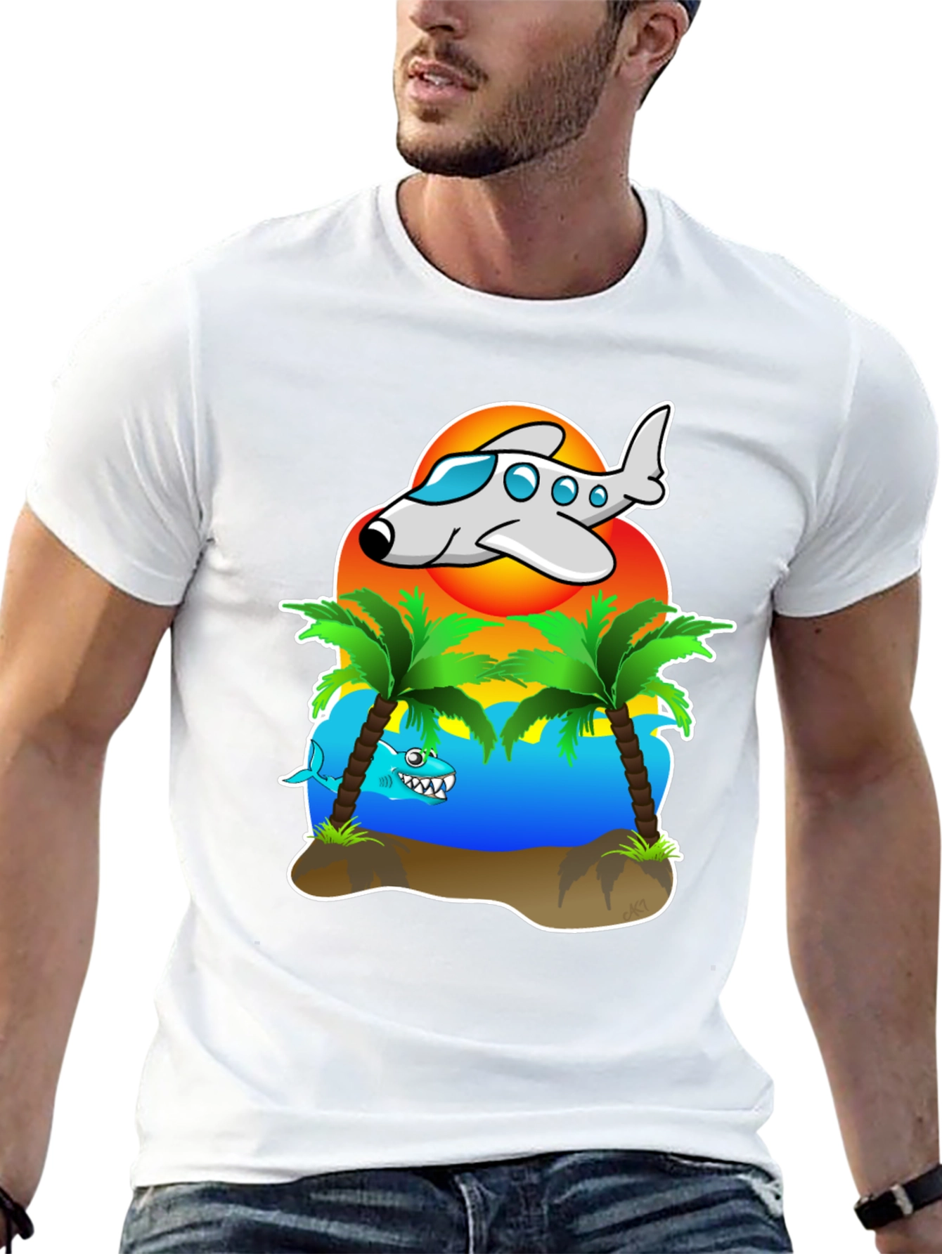 Tropical Getaway T-Shirt - Airplane & Shark Design