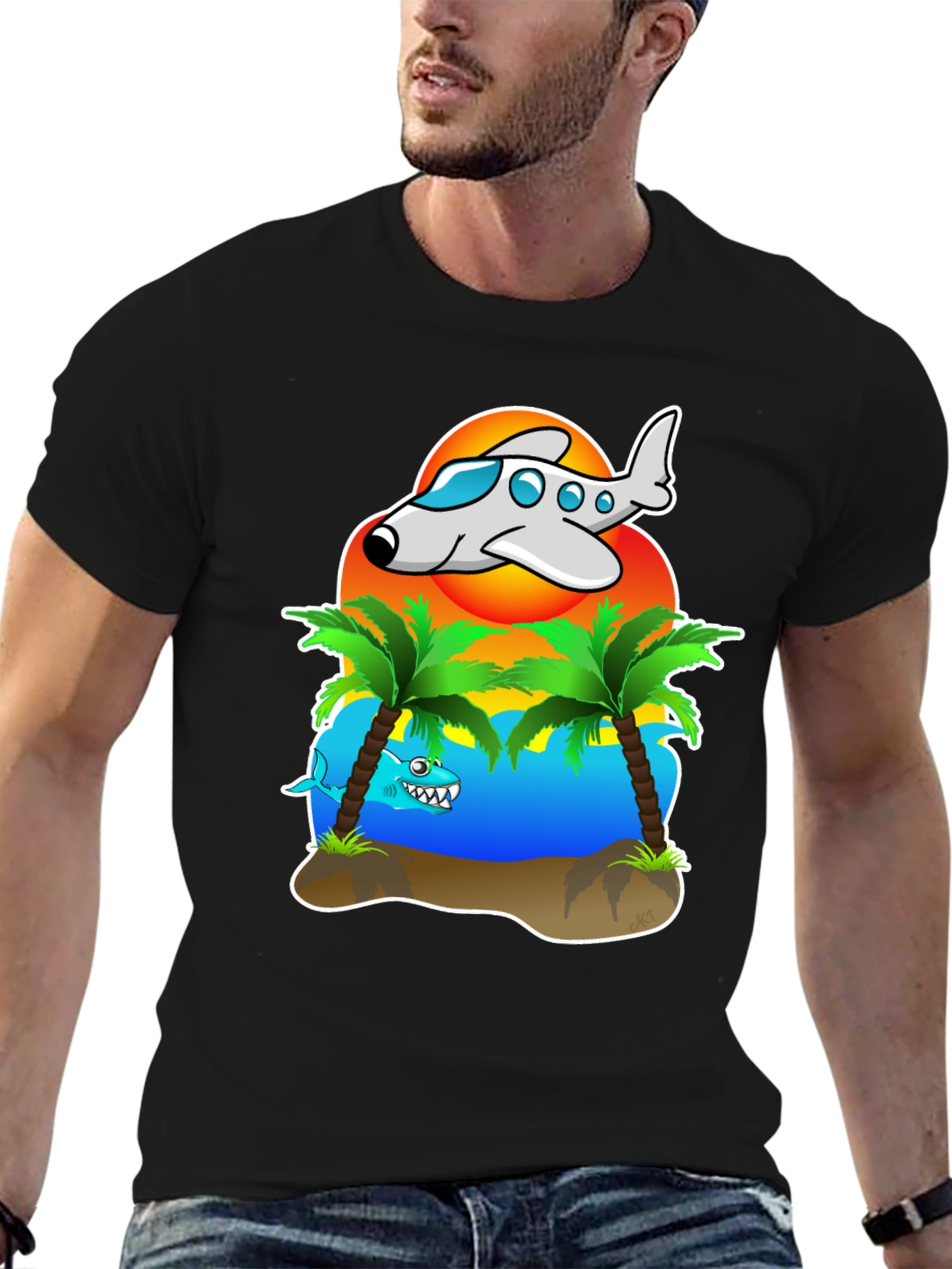 Tropical Getaway T-Shirt - Airplane & Shark Design