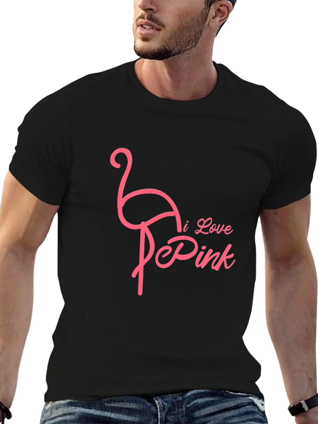 I Love Pink Flamingo Graphic Tee - Black