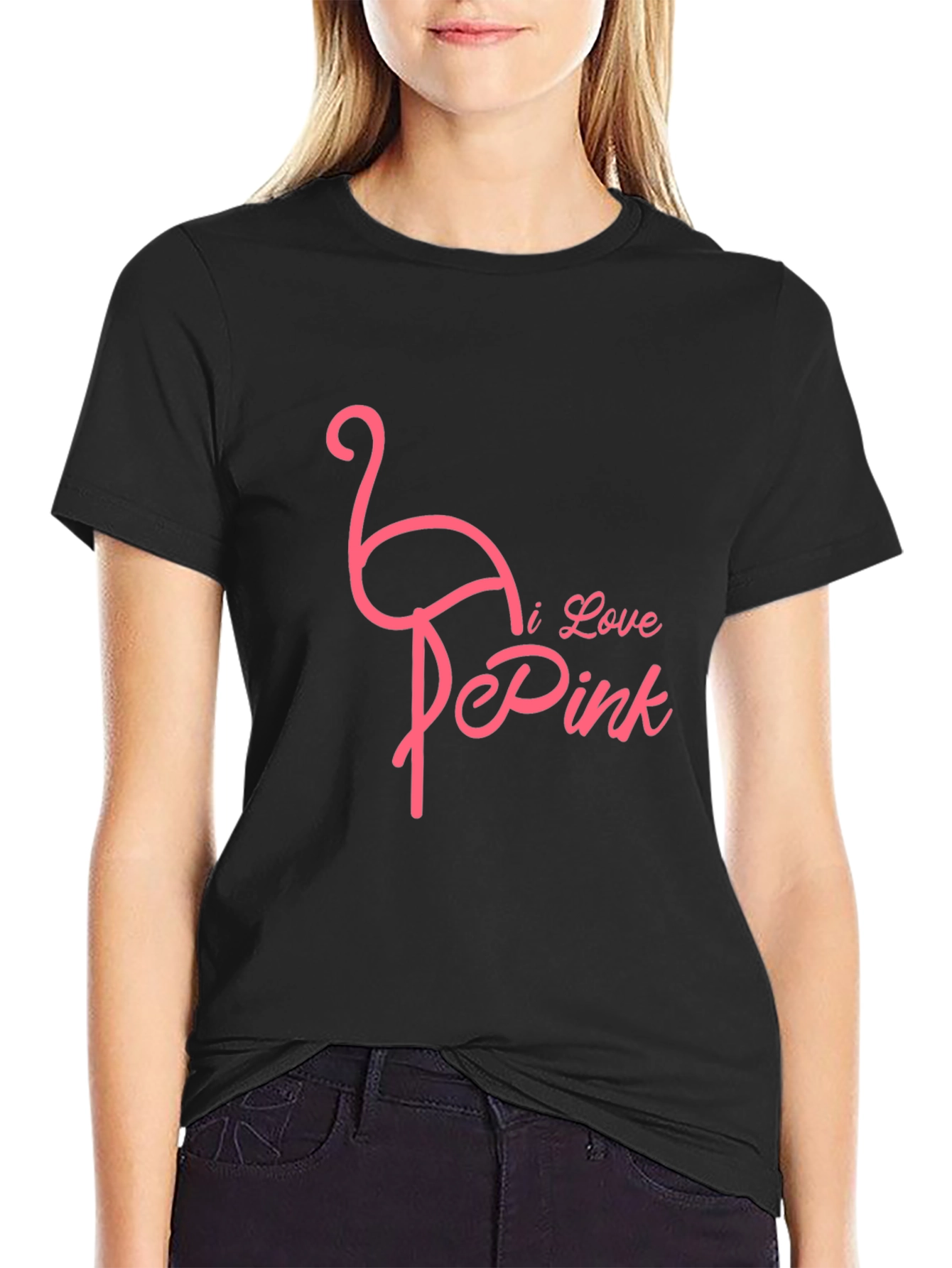 I Love Pink Flamingo Graphic Tee - Black
