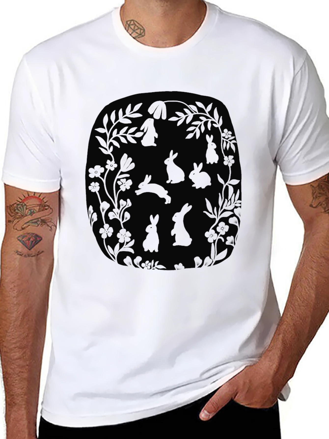 Bunny Floral Graphic Tee - Mens Black T-Shirt