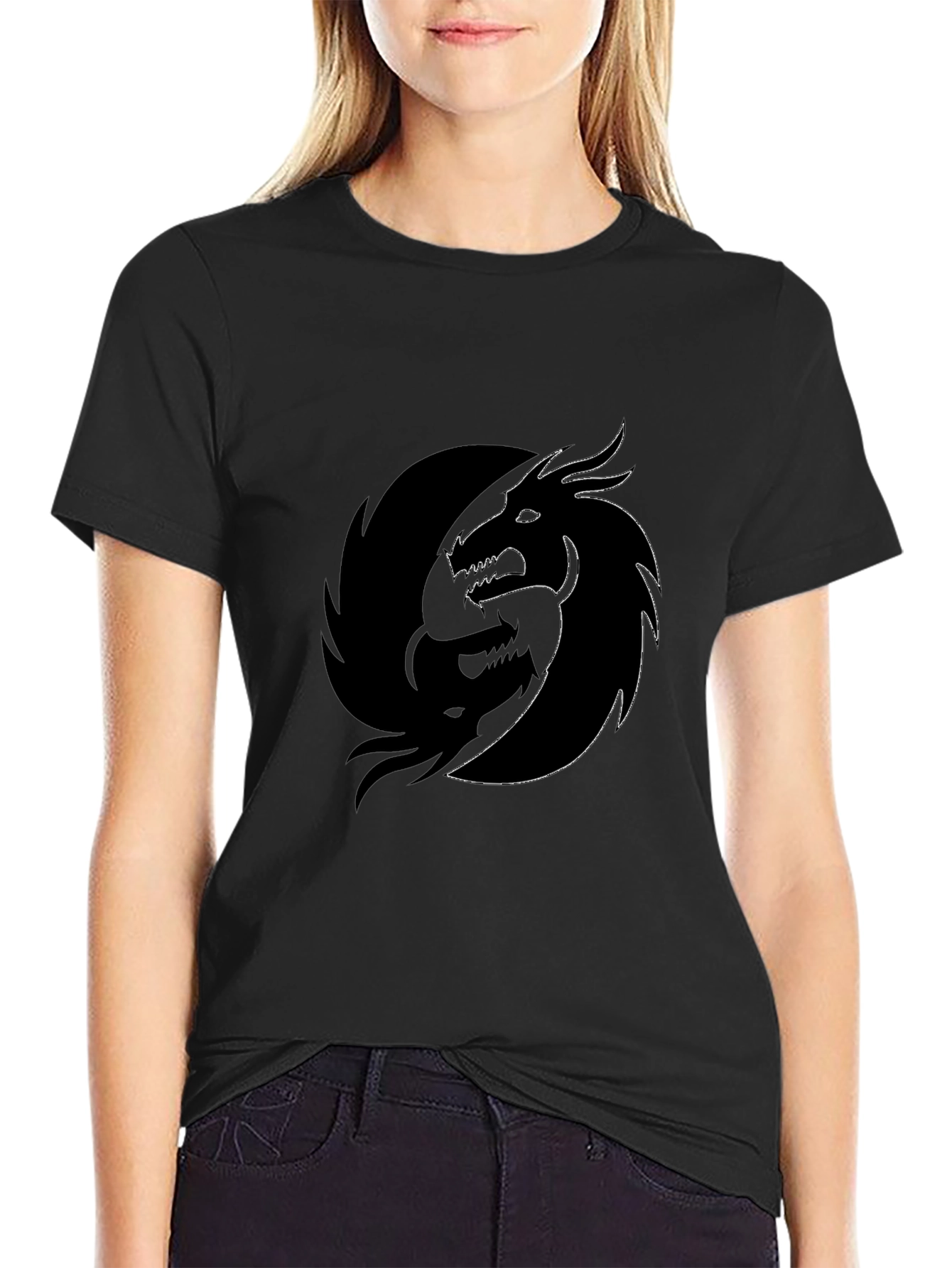 Yin Yang Dragon Graphic Tee - Black Crew Neck