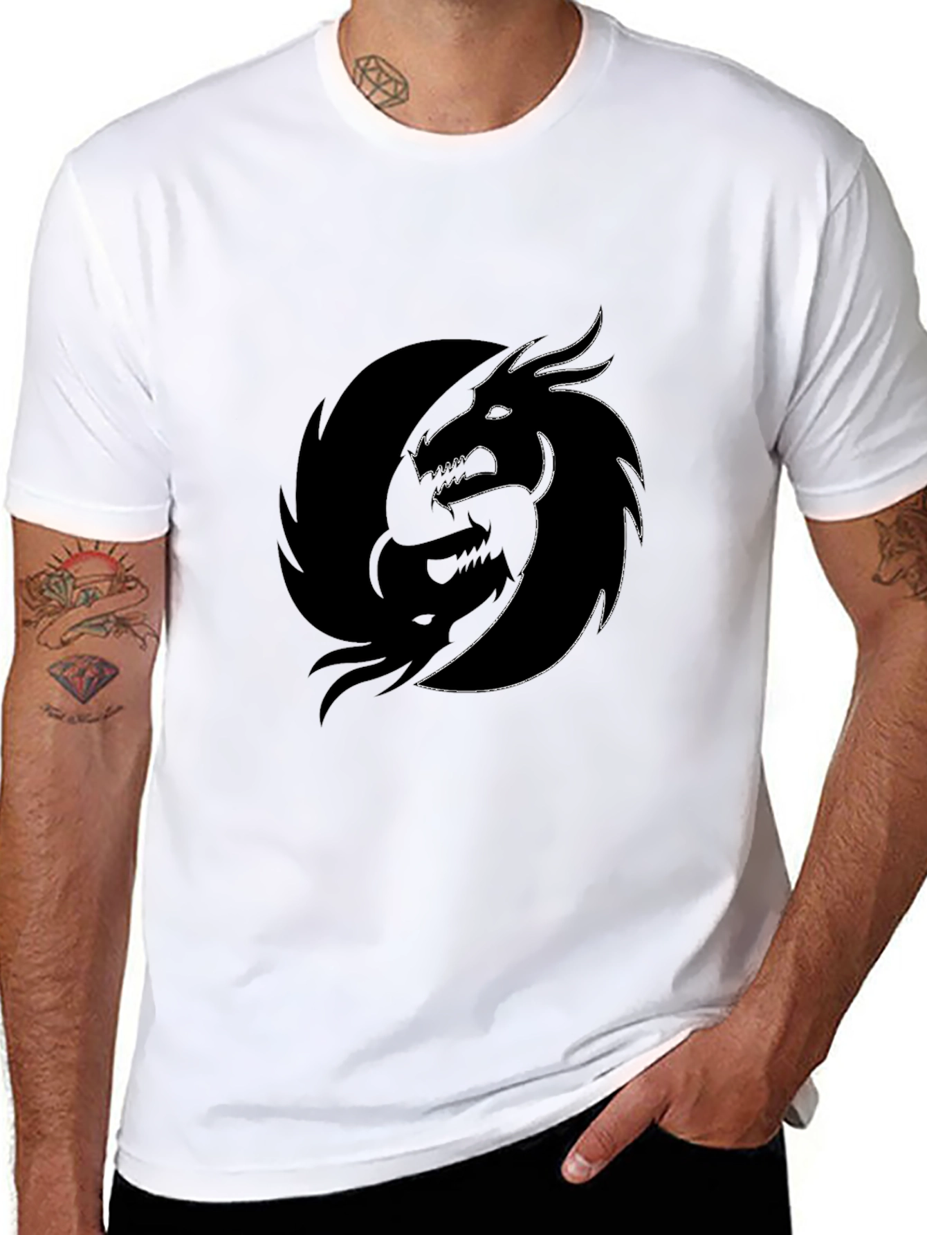 Yin Yang Dragon Graphic Tee - Black Crew Neck