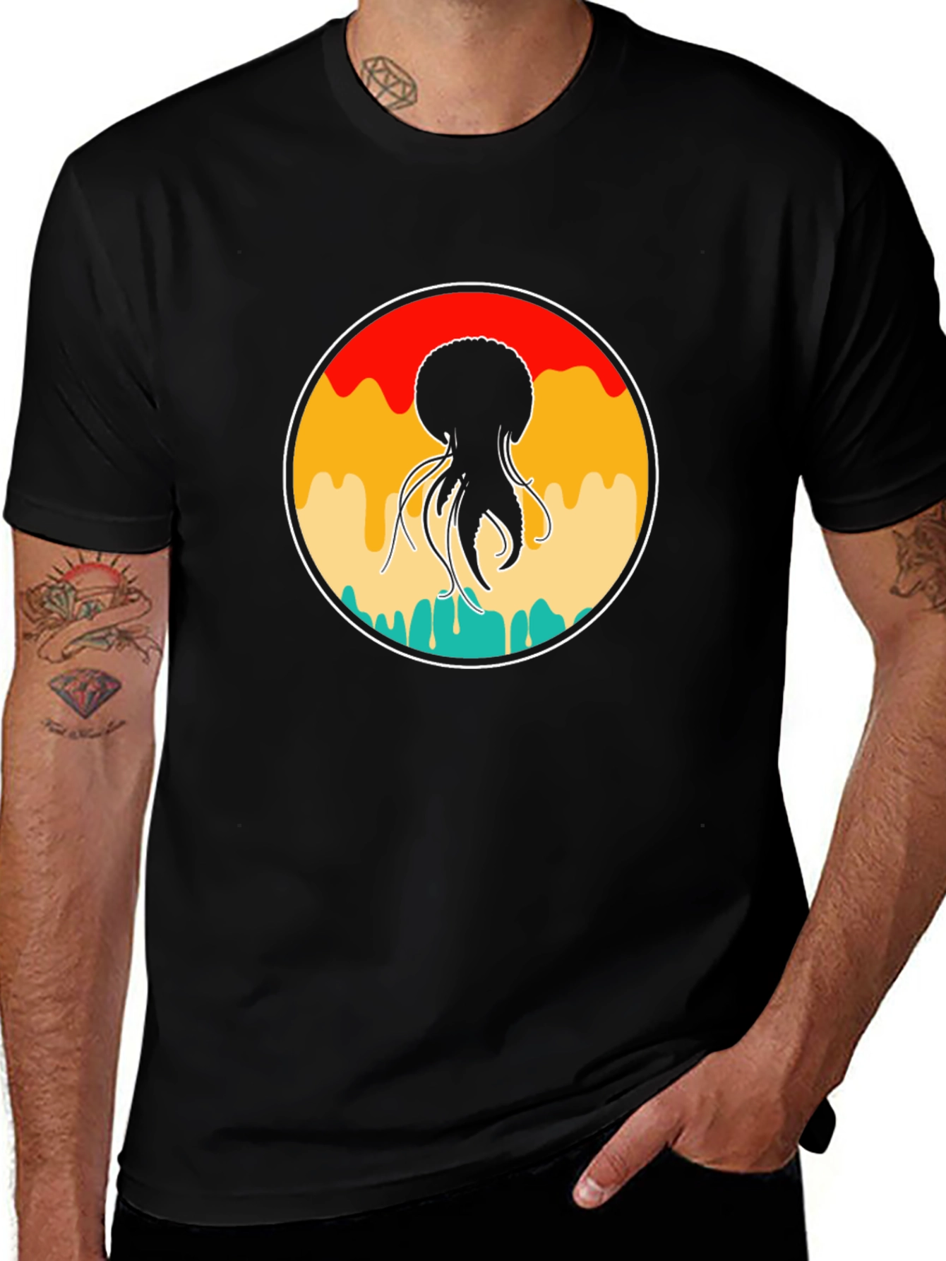 Retro Jellyfish Graphic Tee - Black Cotton Blend