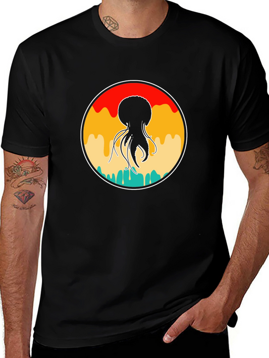 Retro Jellyfish Graphic Tee - Black Cotton Blend