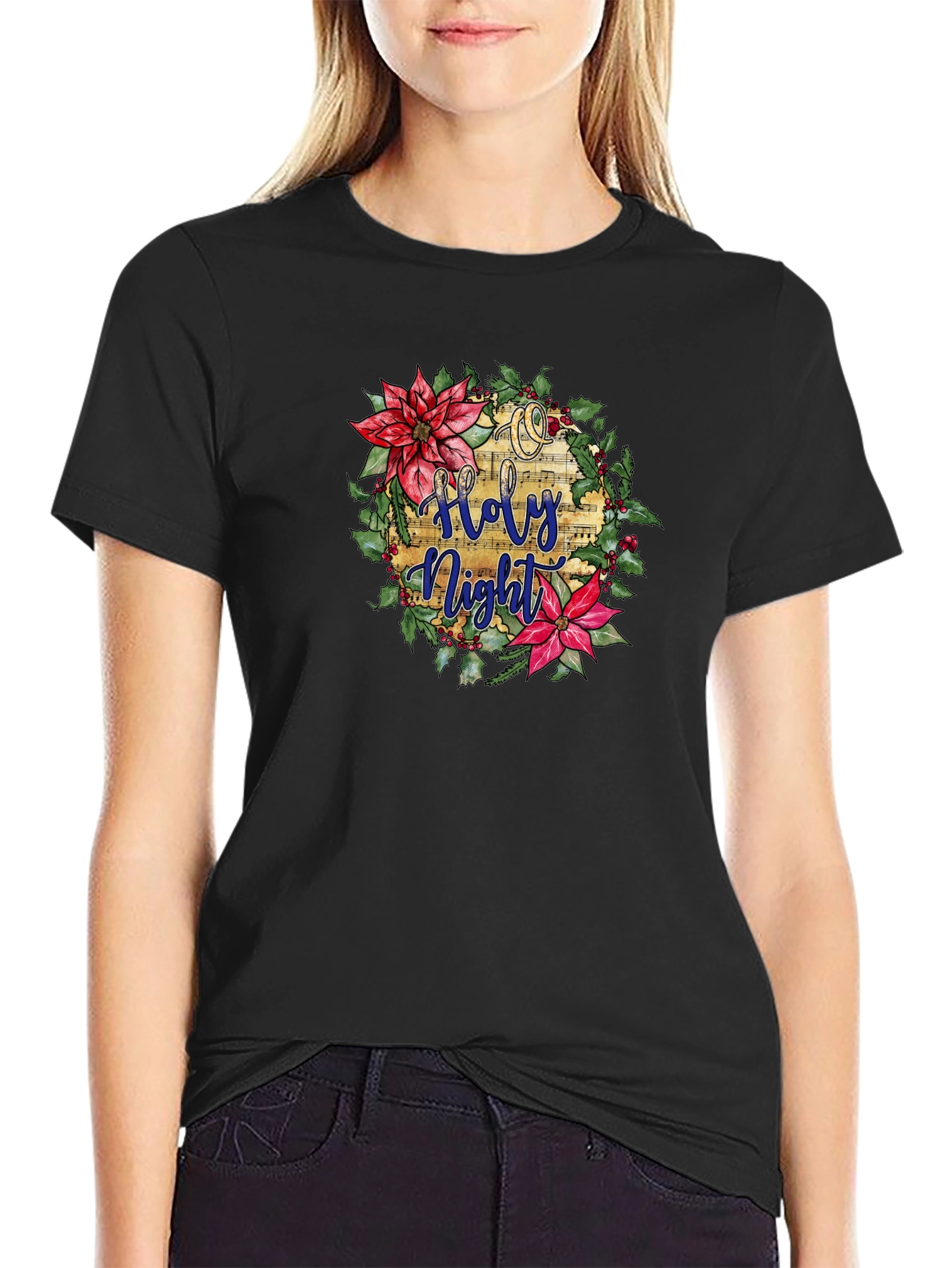 Holy Night Floral Wreath Black T-Shirt