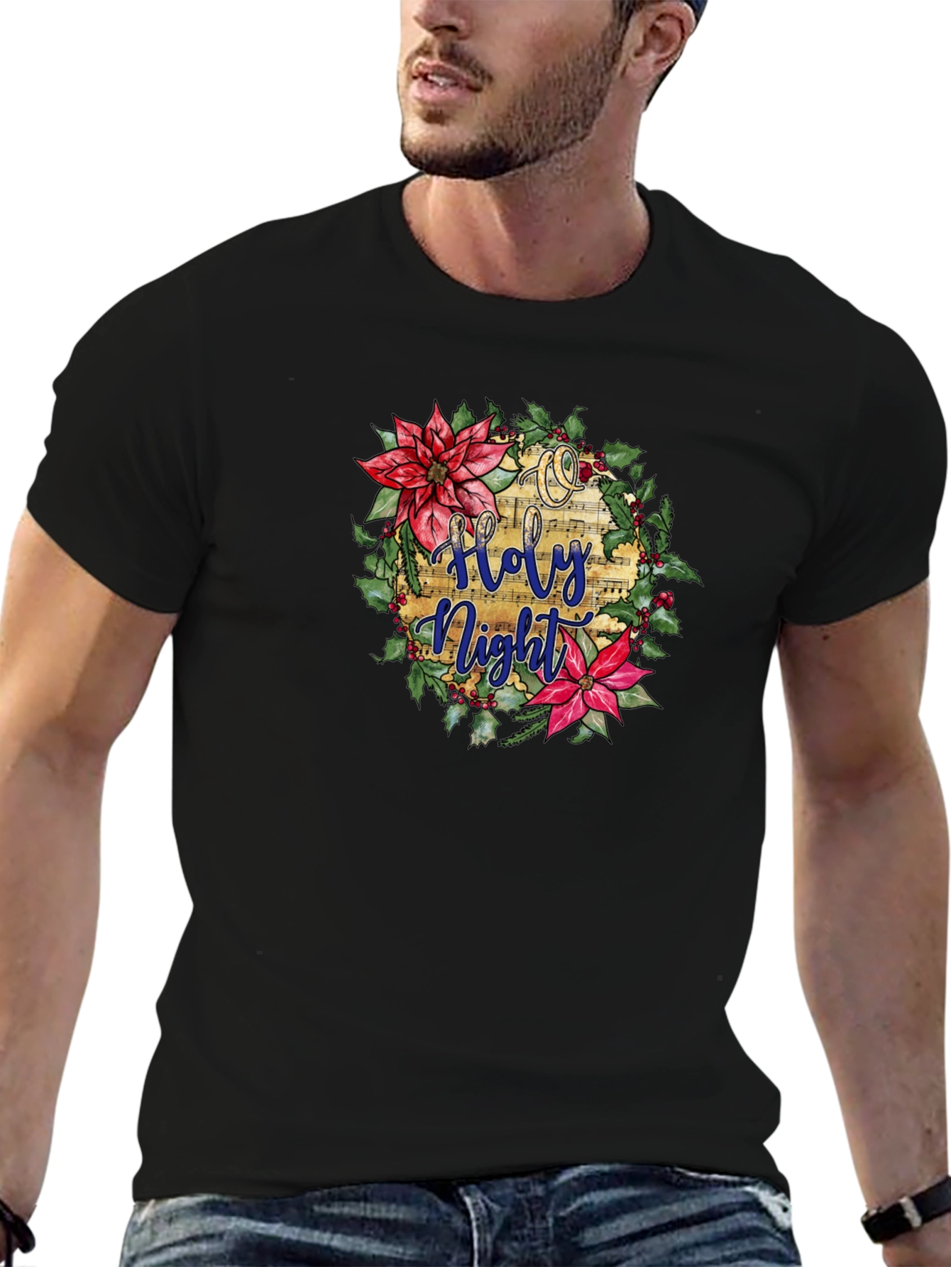 Holy Night Floral Wreath Black T-Shirt