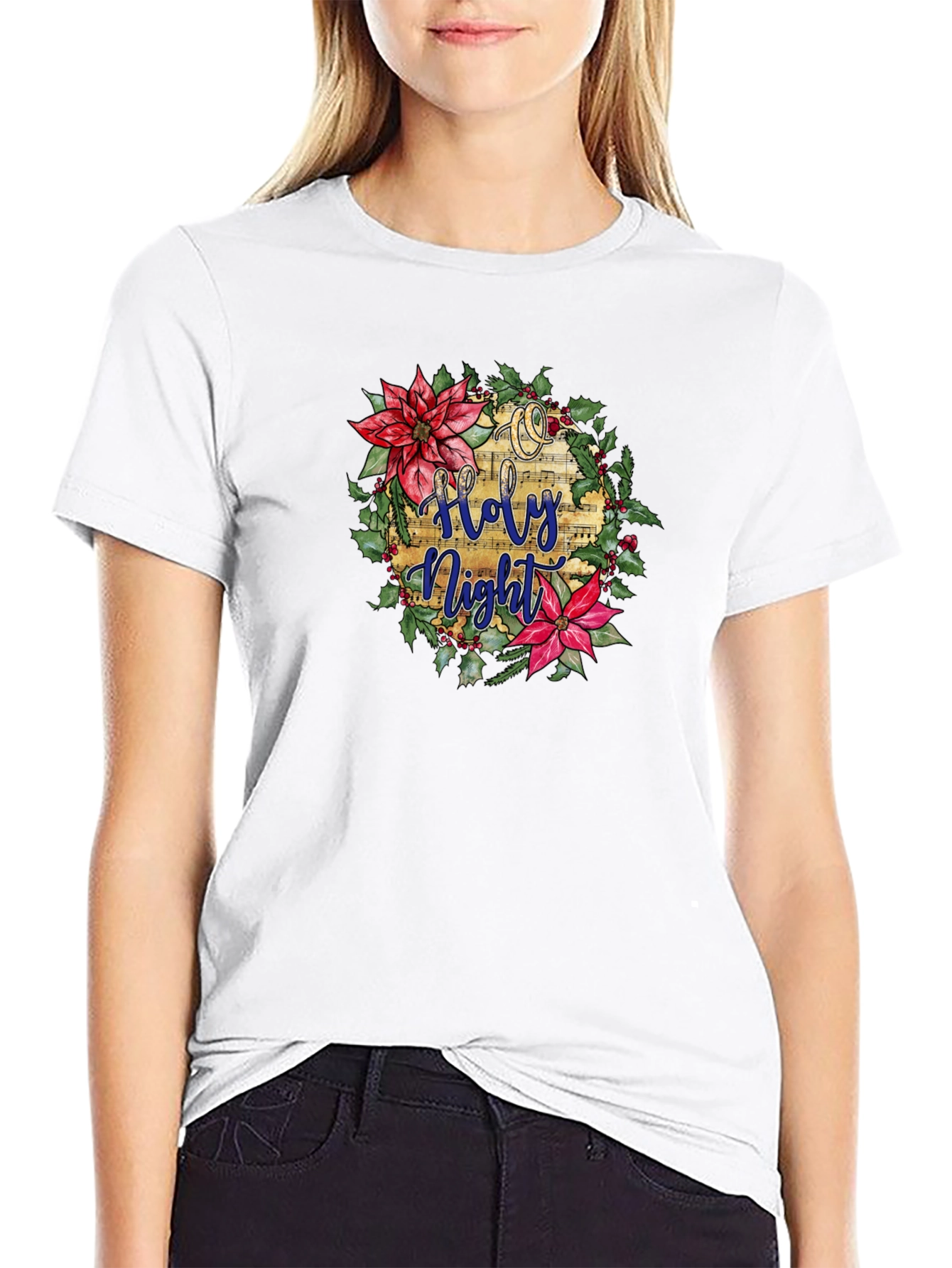 Holy Night Floral Wreath Black T-Shirt