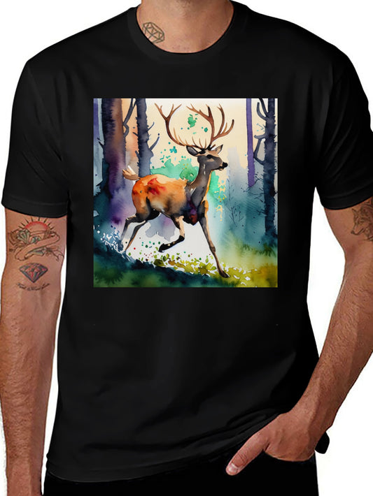 Watercolor Deer Graphic Tee - Black Cotton Blend