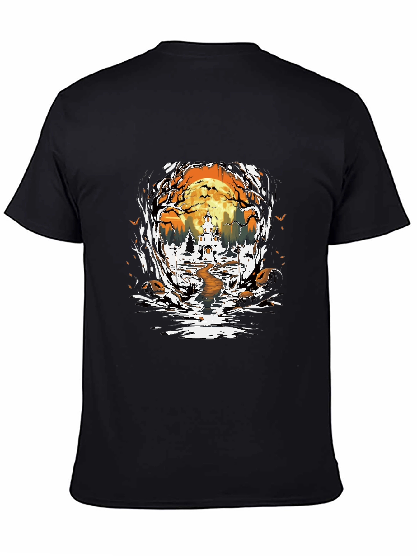 Halloween Graphic Tee: Spooky Haunted House Design