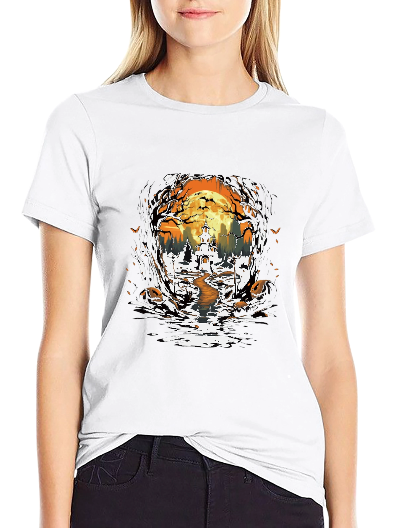Halloween Graphic Tee: Spooky Haunted House Design