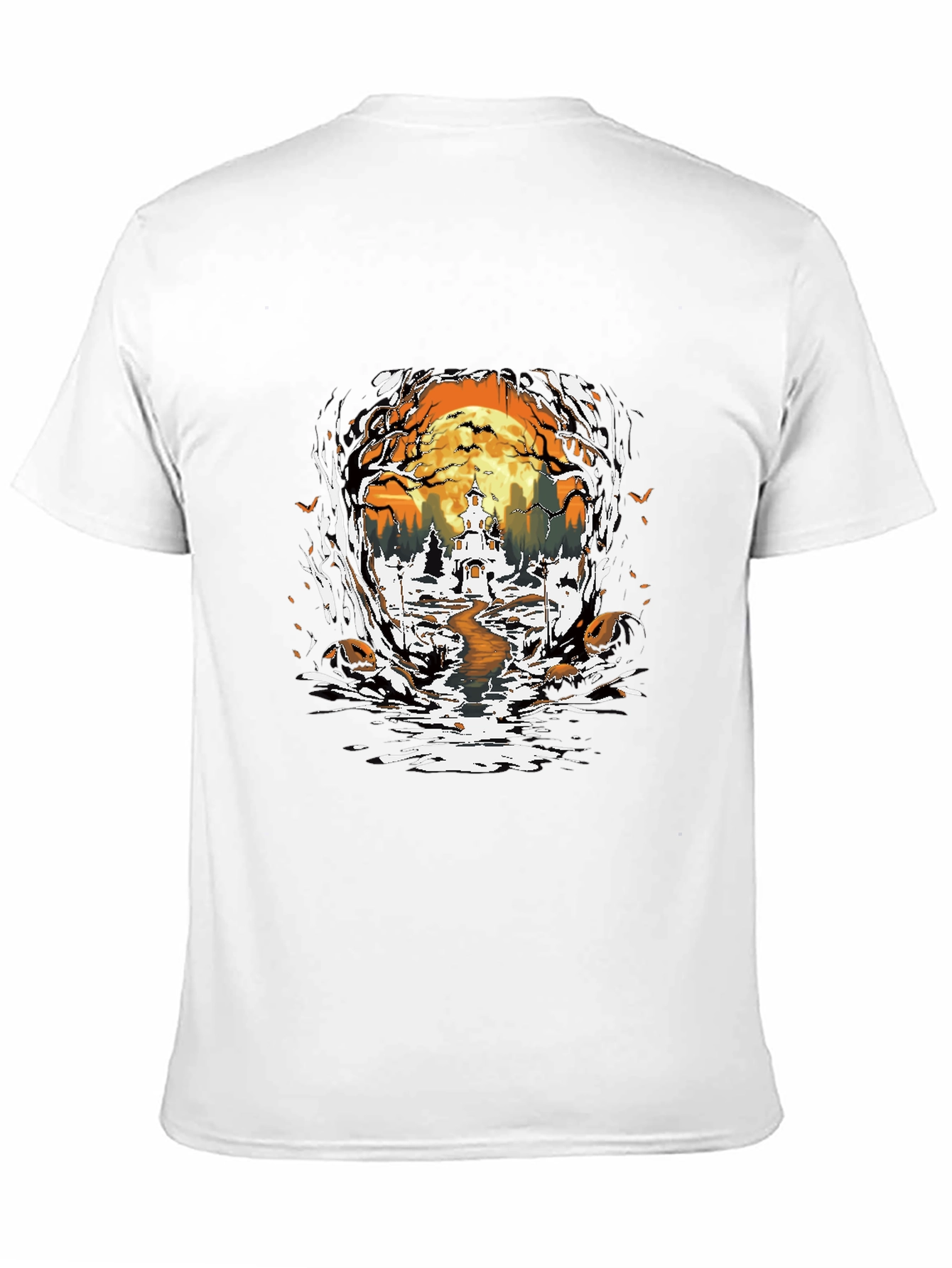 Halloween Graphic Tee: Spooky Haunted House Design