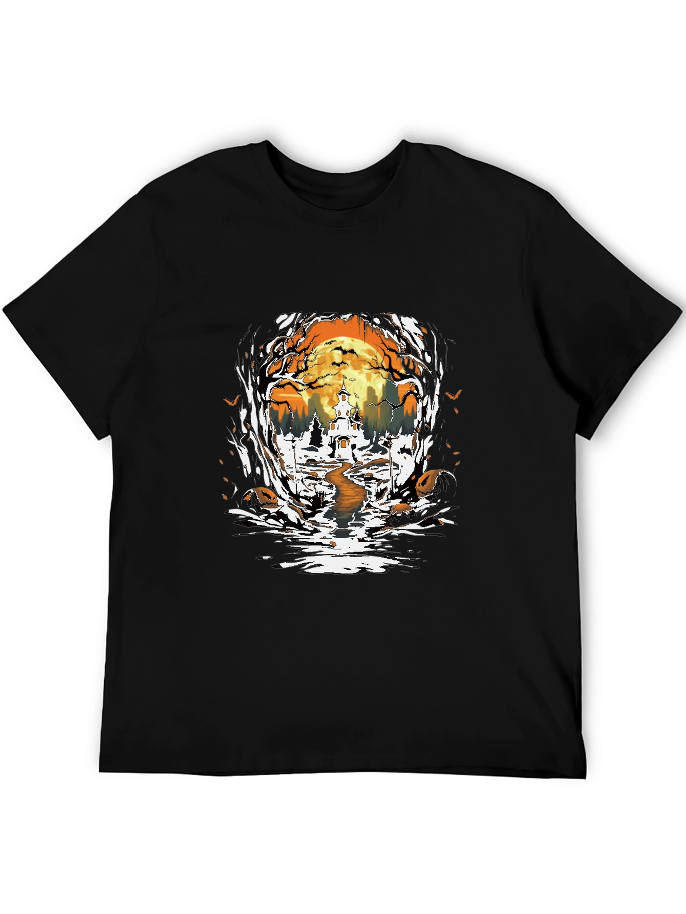 Halloween Graphic Tee: Spooky Haunted House Design