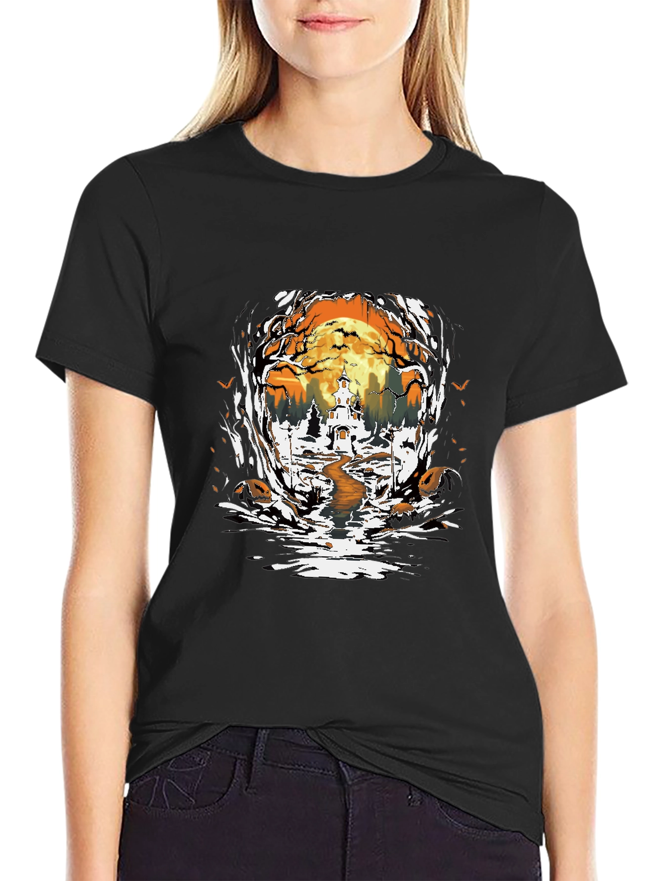 Halloween Graphic Tee: Spooky Haunted House Design