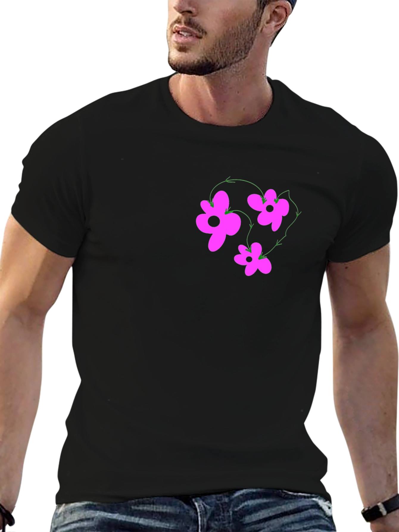 Black T-Shirt with Pink Flower Graphic