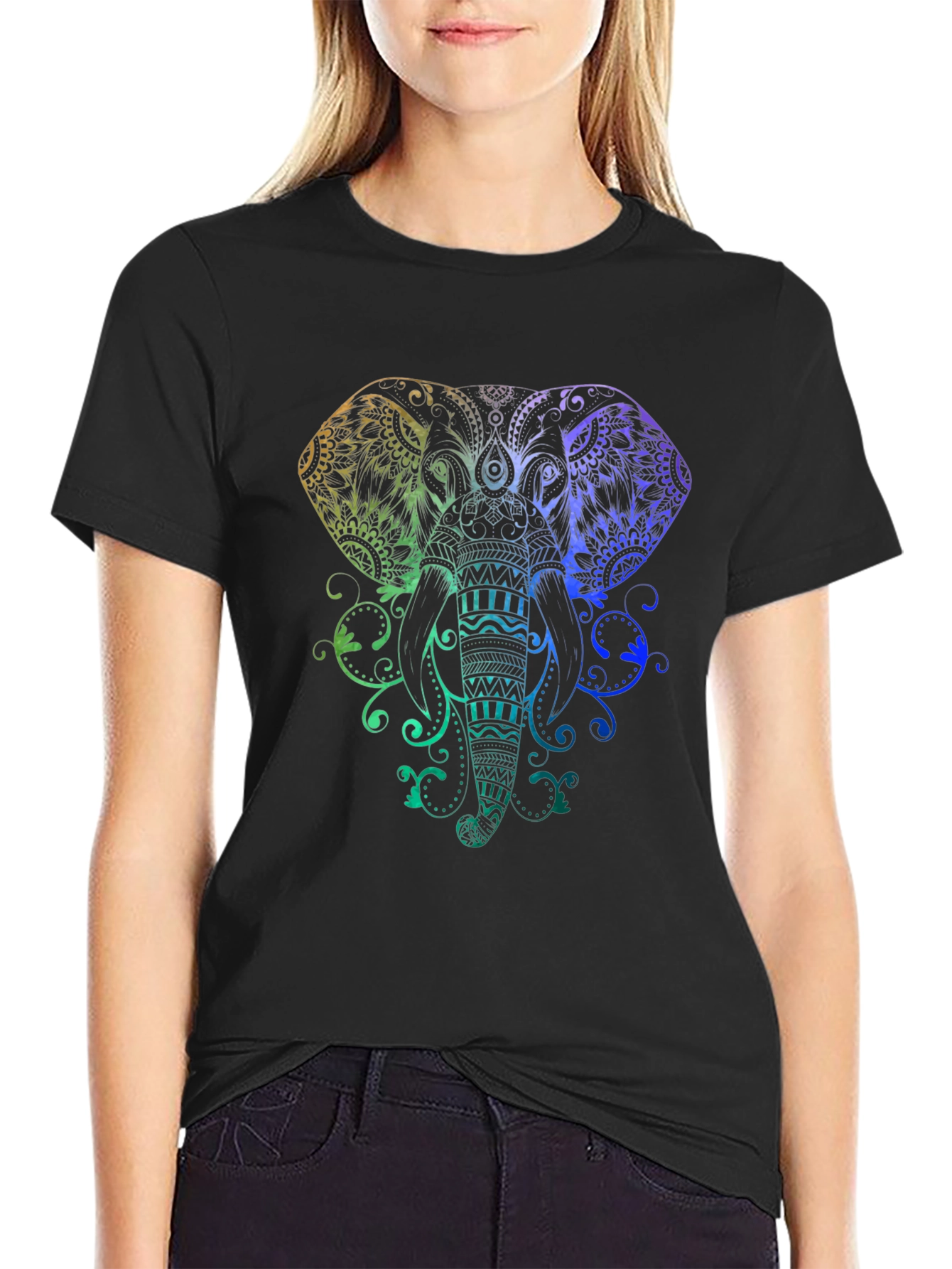 Rainbow Elephant Graphic Black T-Shirt