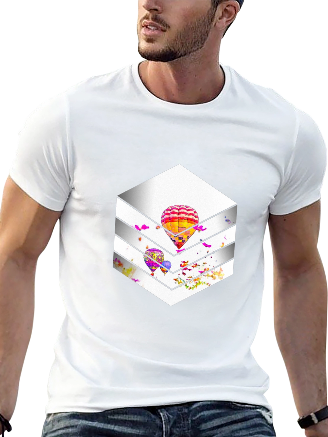 Stylish Black T-Shirt with Hot Air Balloon Graphic Design