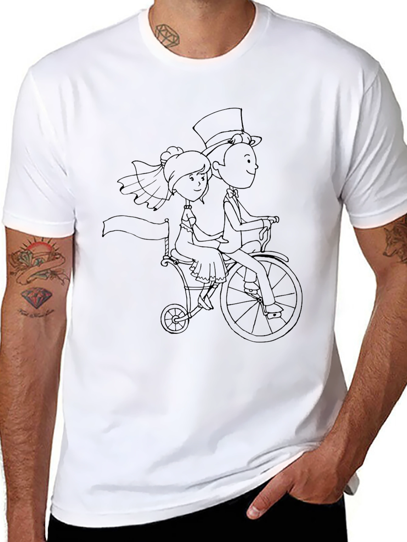 Quirky Wedding Couple Bicycle Black T-Shirt