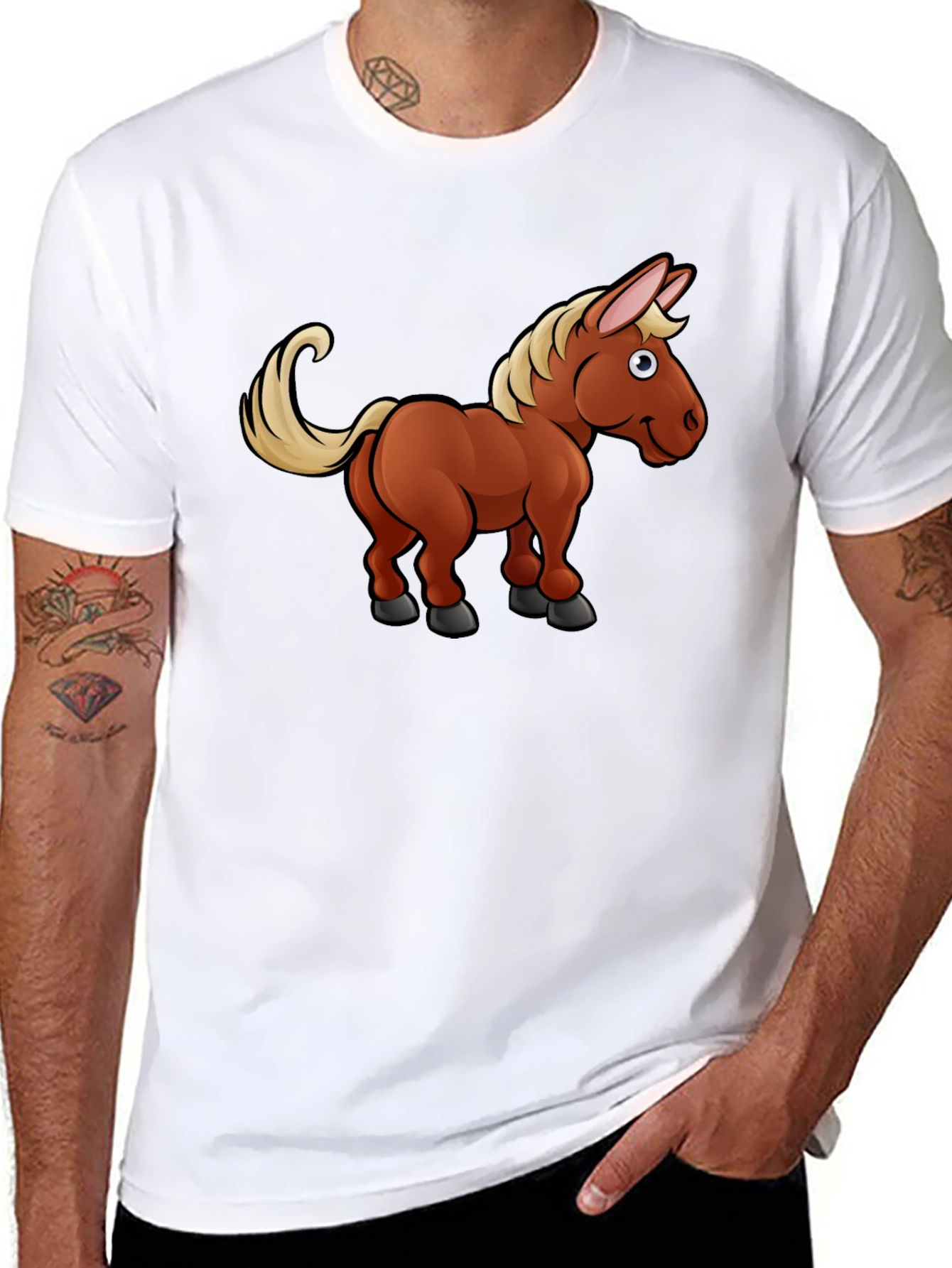 Cartoon Horse T-Shirt - Black Cotton Tee