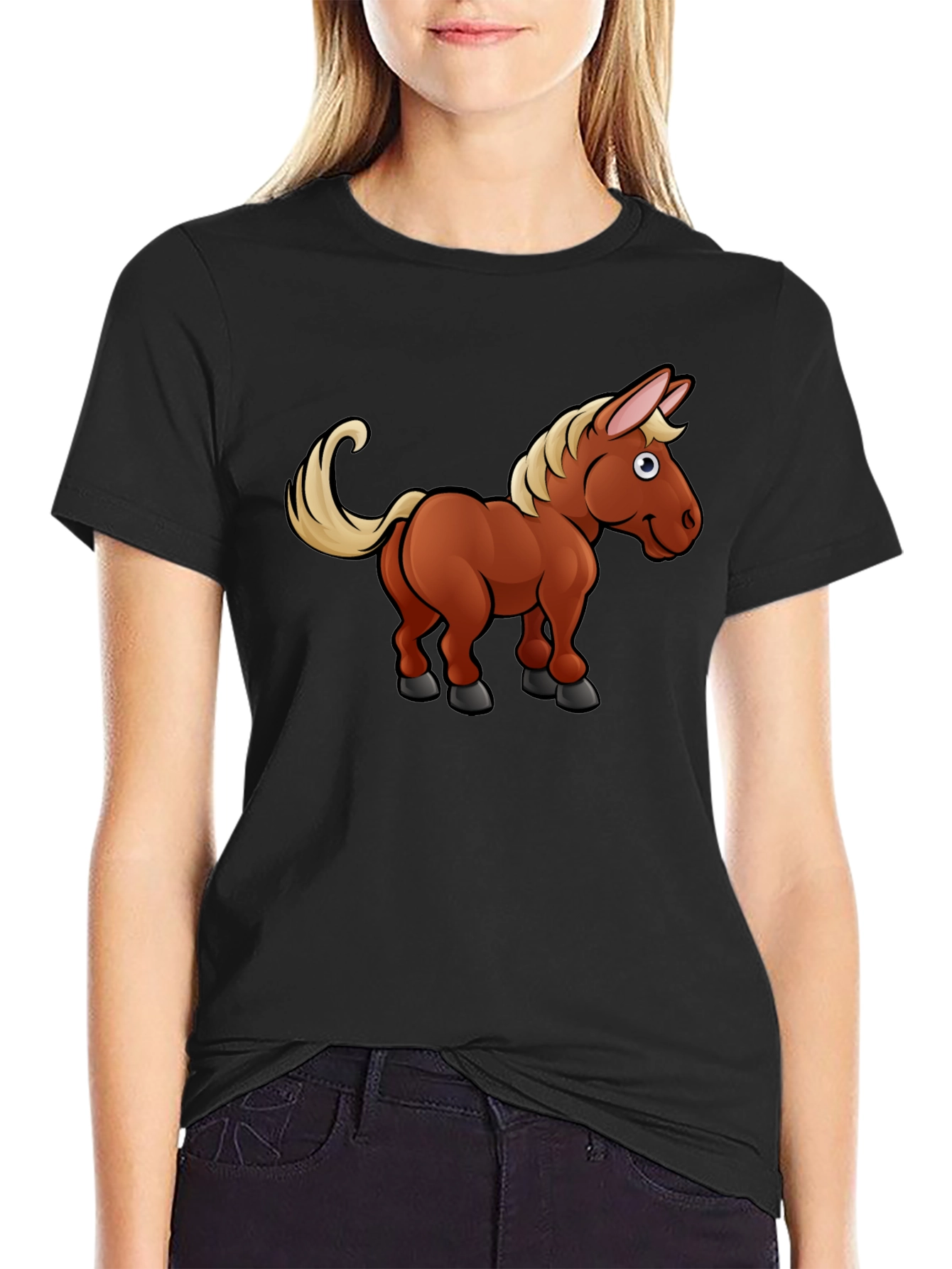 Cartoon Horse T-Shirt - Black Cotton Tee