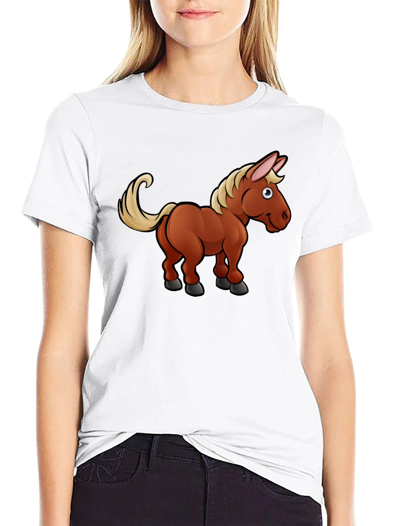 Cartoon Horse T-Shirt - Black Cotton Tee