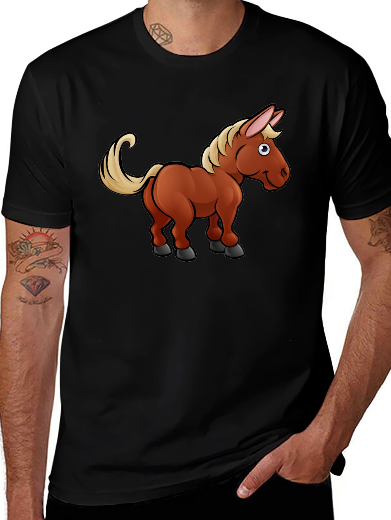 Cartoon Horse T-Shirt - Black Cotton Tee