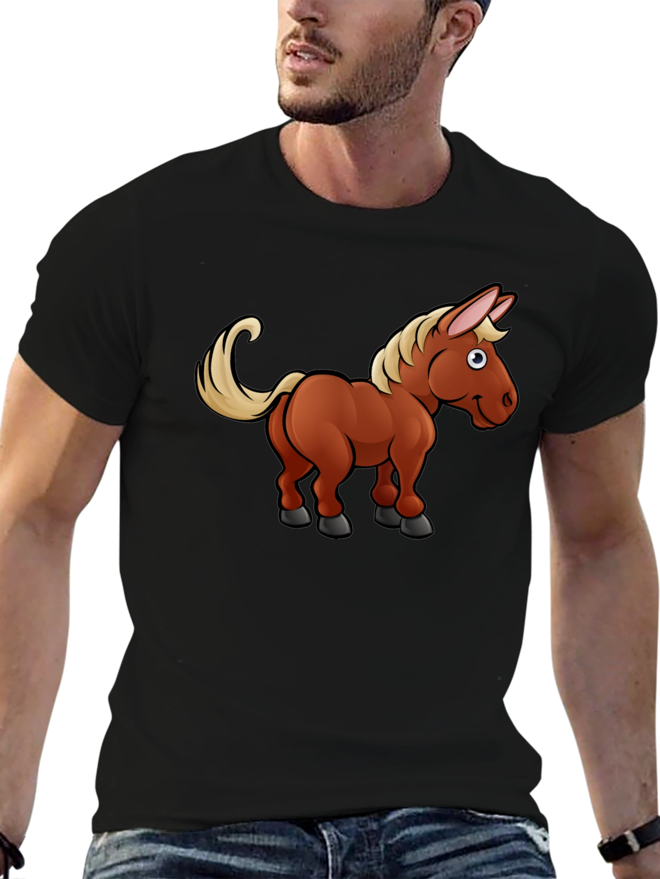 Cartoon Horse T-Shirt - Black Cotton Tee
