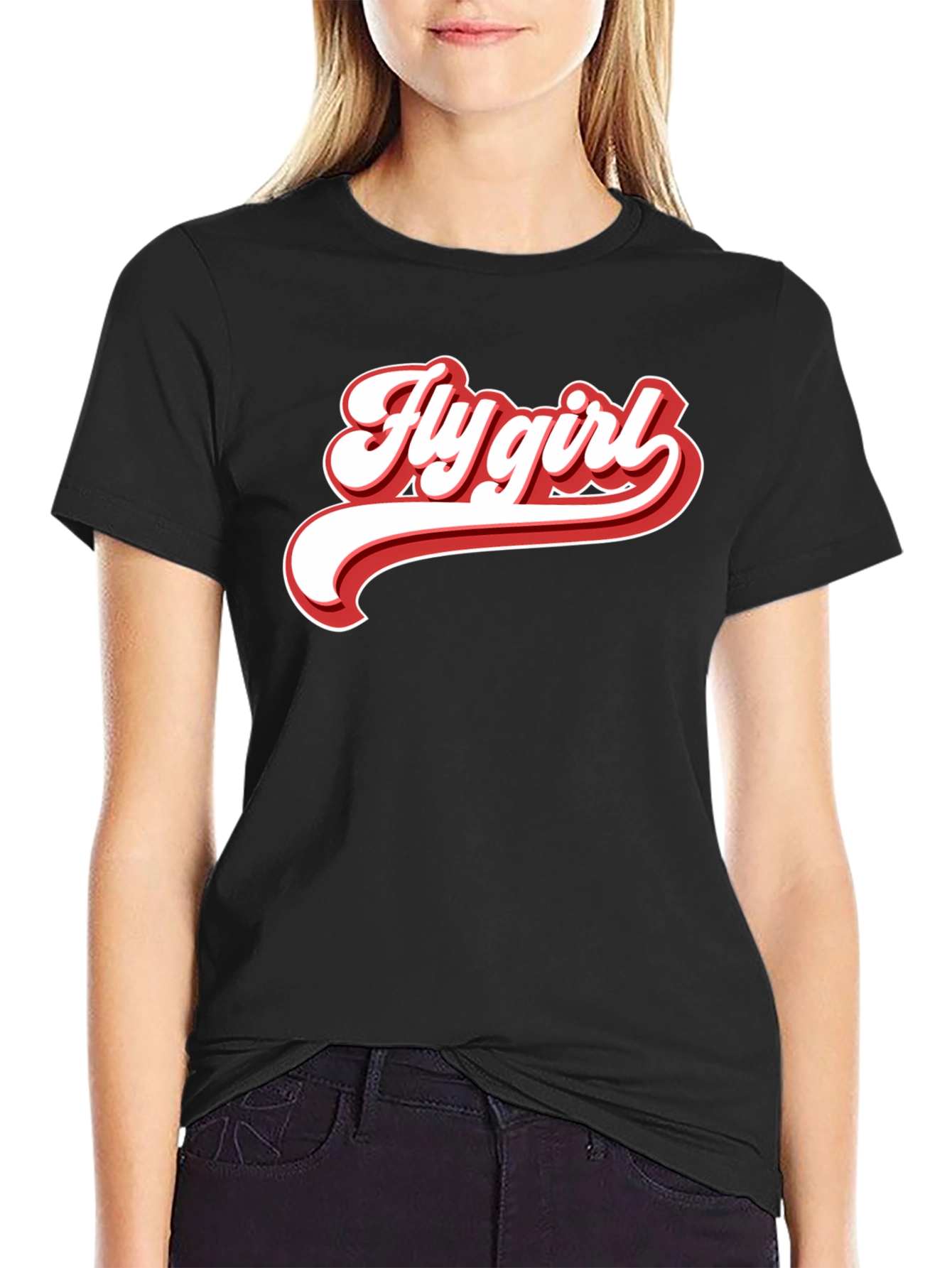 Retro Fly Girl Graphic Tee - Black Cotton T-Shirt