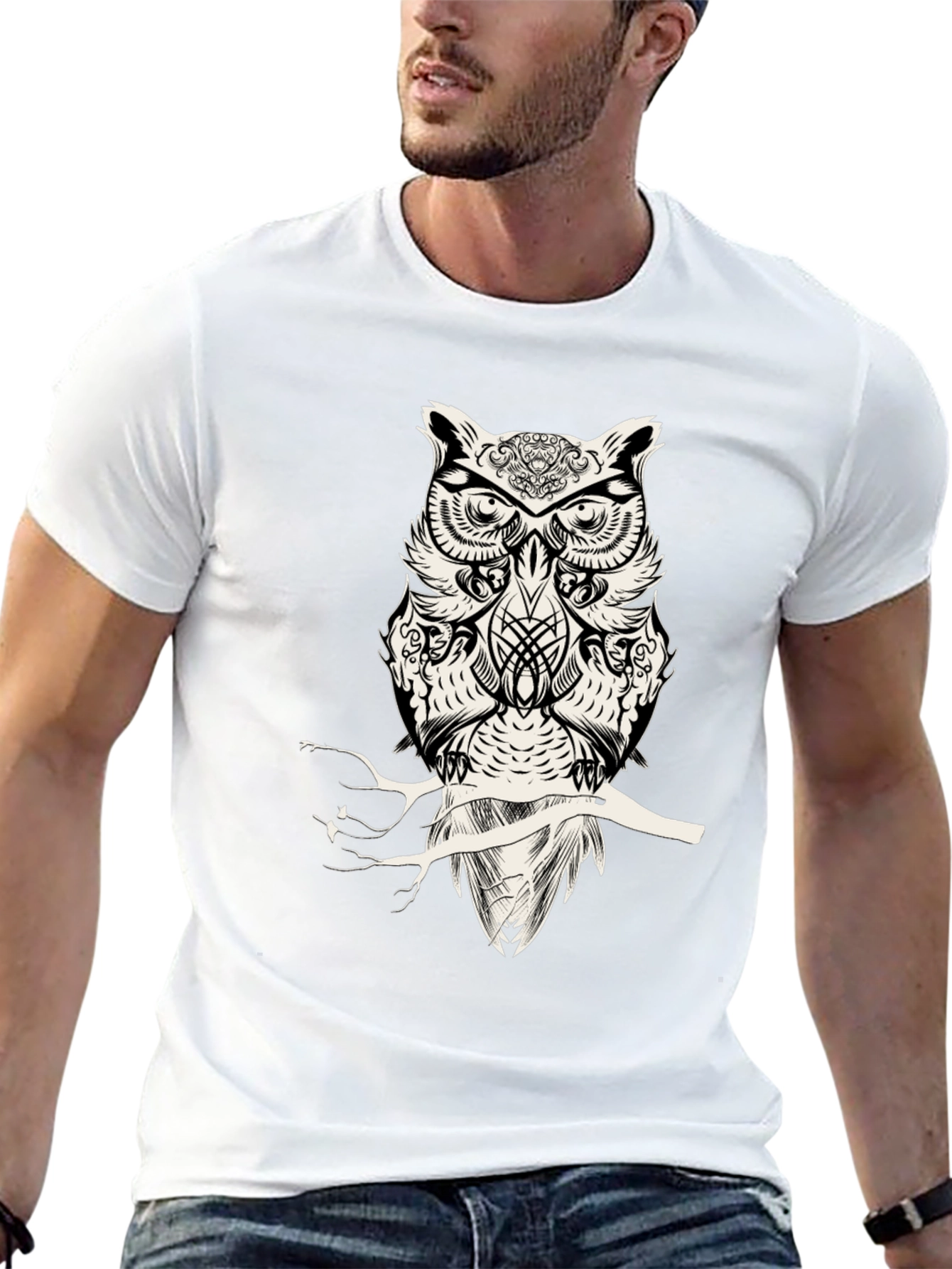Owl Graphic Print Mens Black T-Shirt