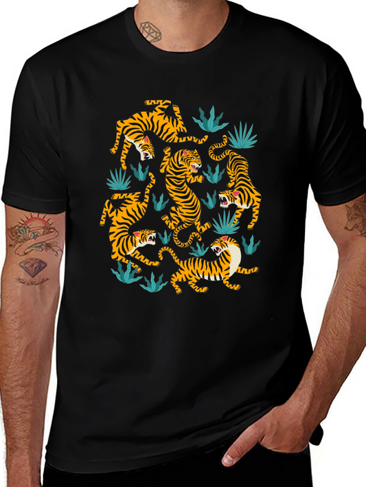 Tiger Print Crew Neck T-Shirt - Black