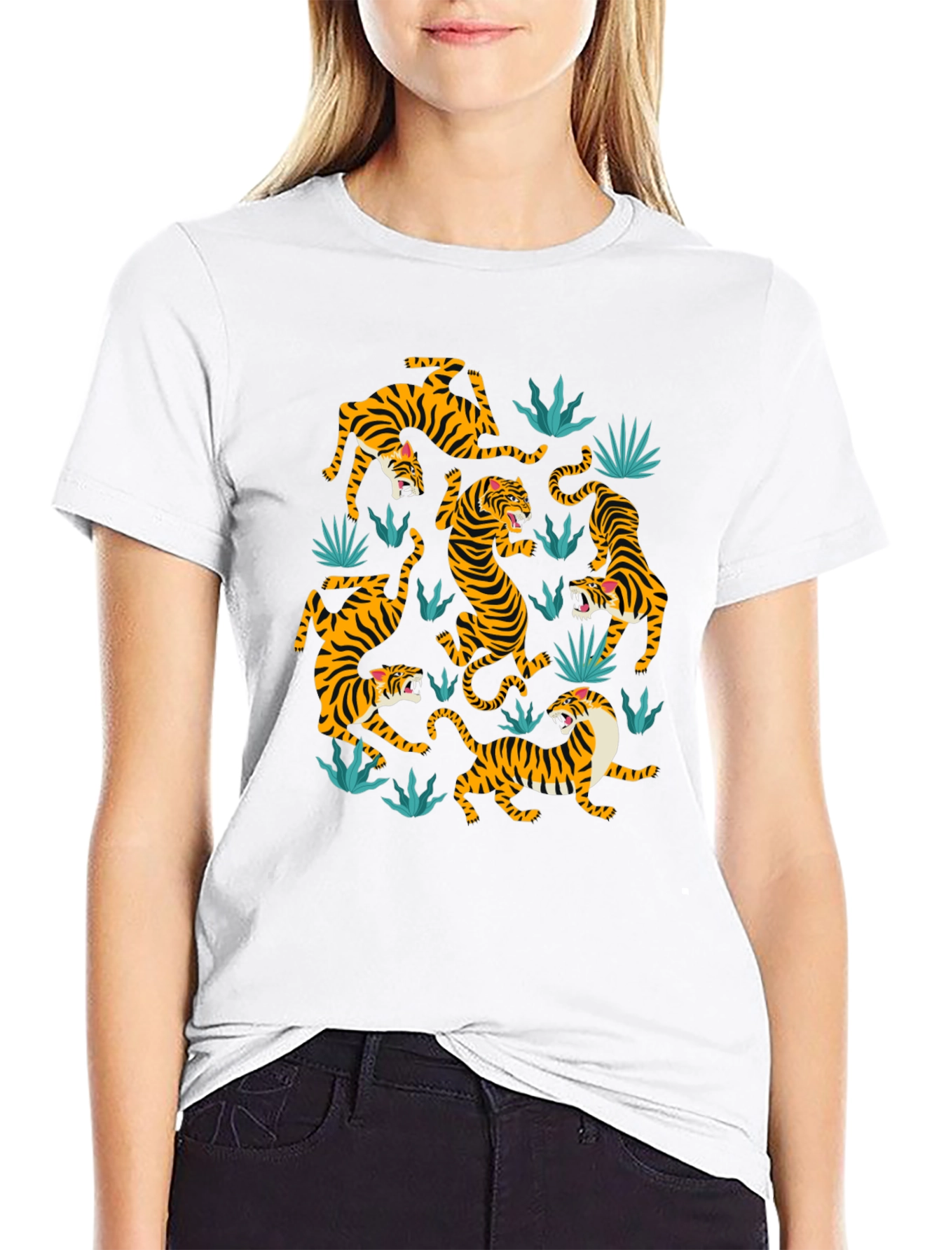 Tiger Print Crew Neck T-Shirt - Black